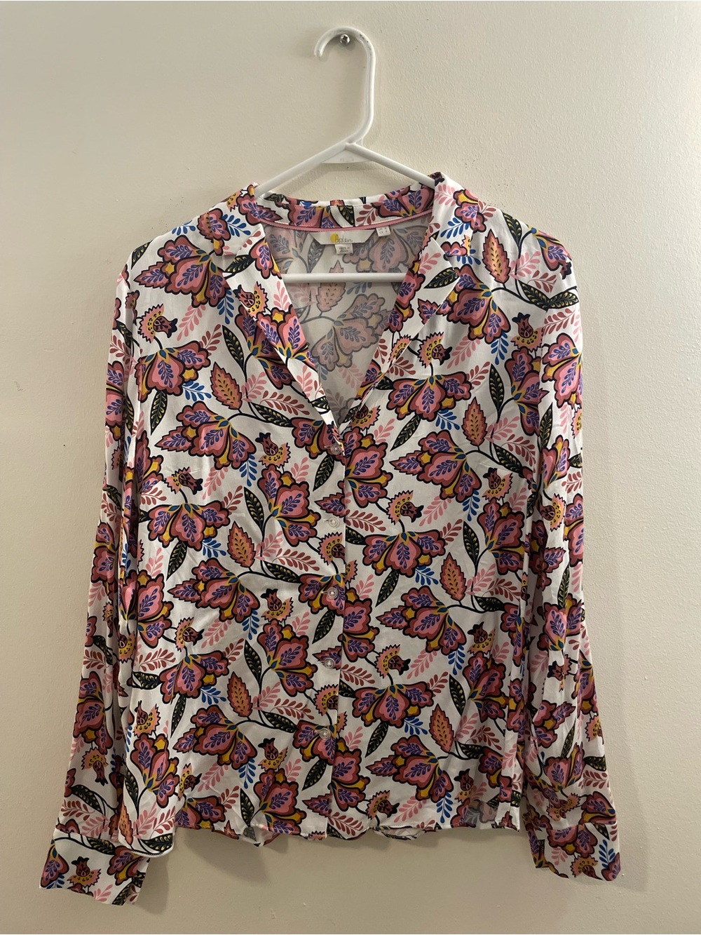 Boden White Button-Front Blouse with Pink & Purple Floral Print